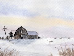 Moonlit winter barn scene