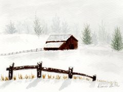 Snowy Barn and fence